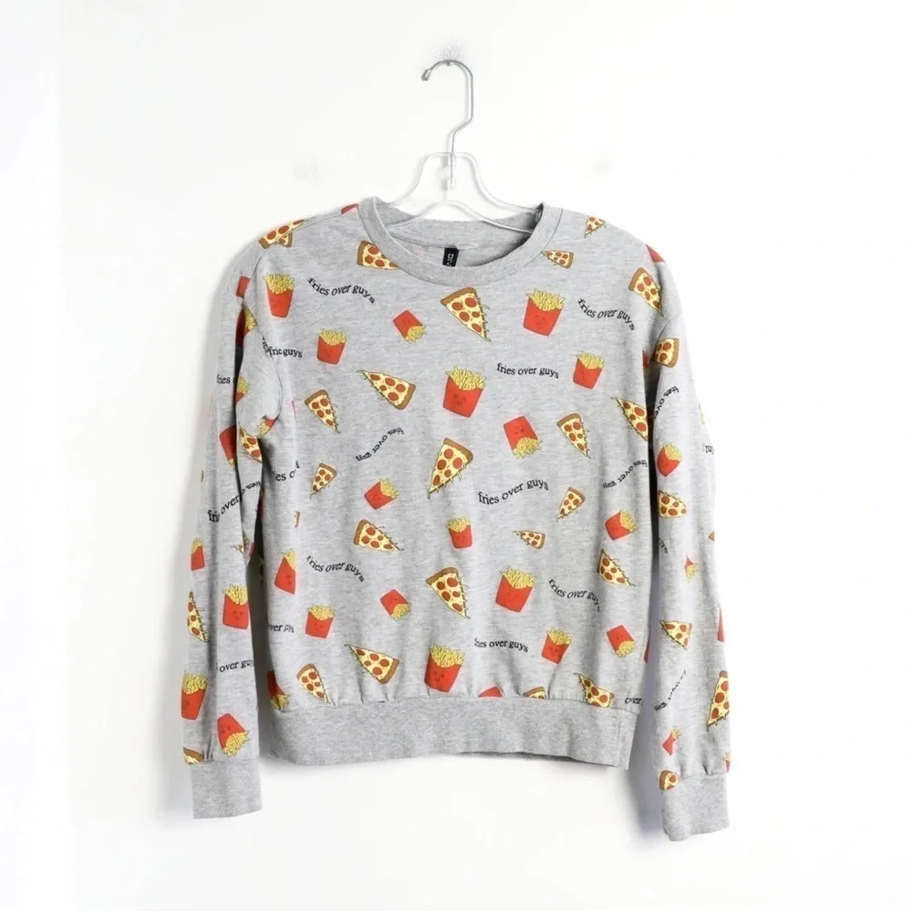 H&M Pizza print pullover fast food fun top grey fries over guys breakup cotton S - Picture 1 of 6